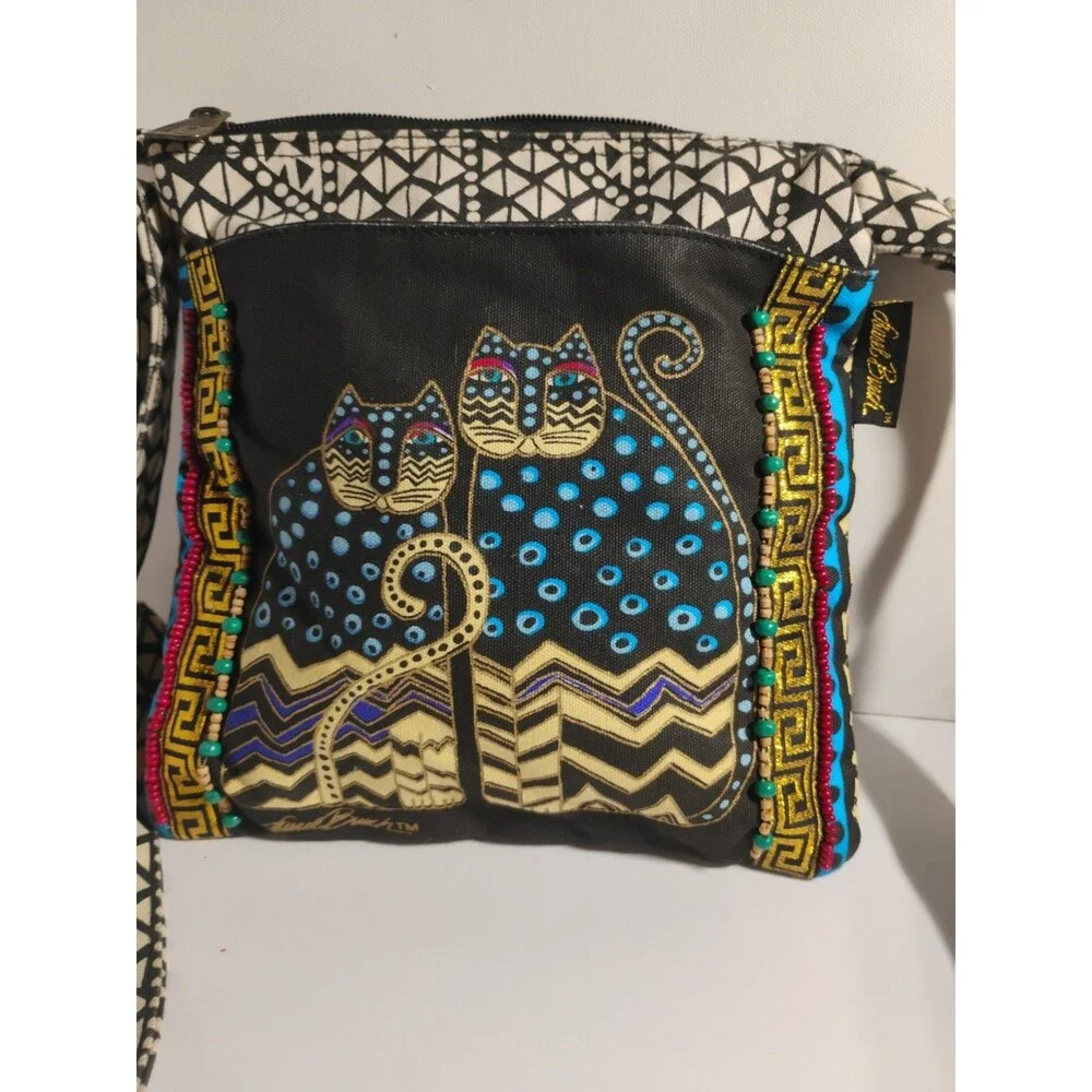 Laurel Burch Crossbody Canvas Bag Cats Zip Top Purse Handbag